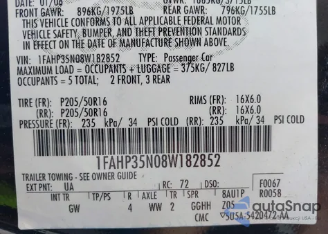 2008 Ford Focus Se/Ses from USA, damaged, VIN 1FAHP35N08W182852